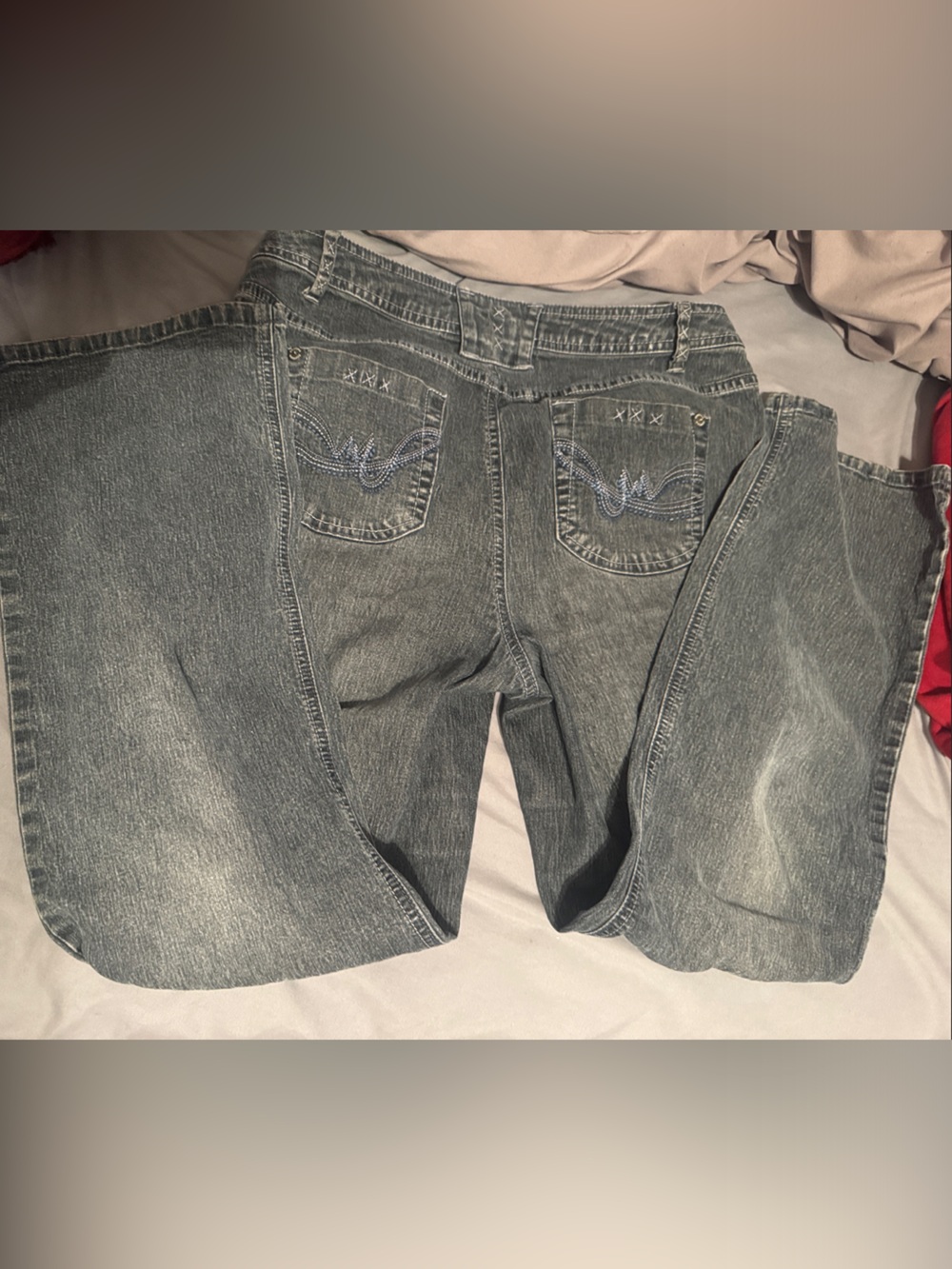 Sonoma Gray Flared Wide-Leg Jeans with Embroidered Back Pockets